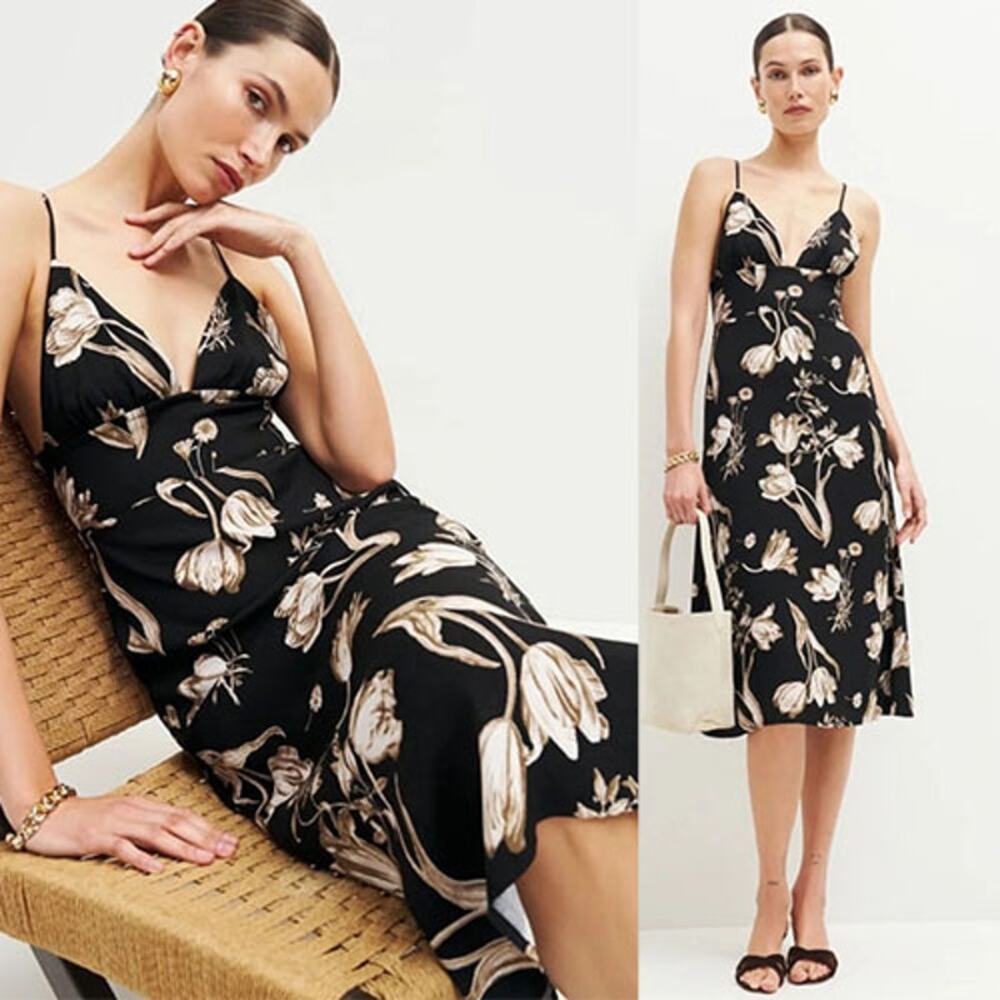 NWT Reformation Talita Open Back V-Neck Smock Tie Strap Black Arcana Midi Dress